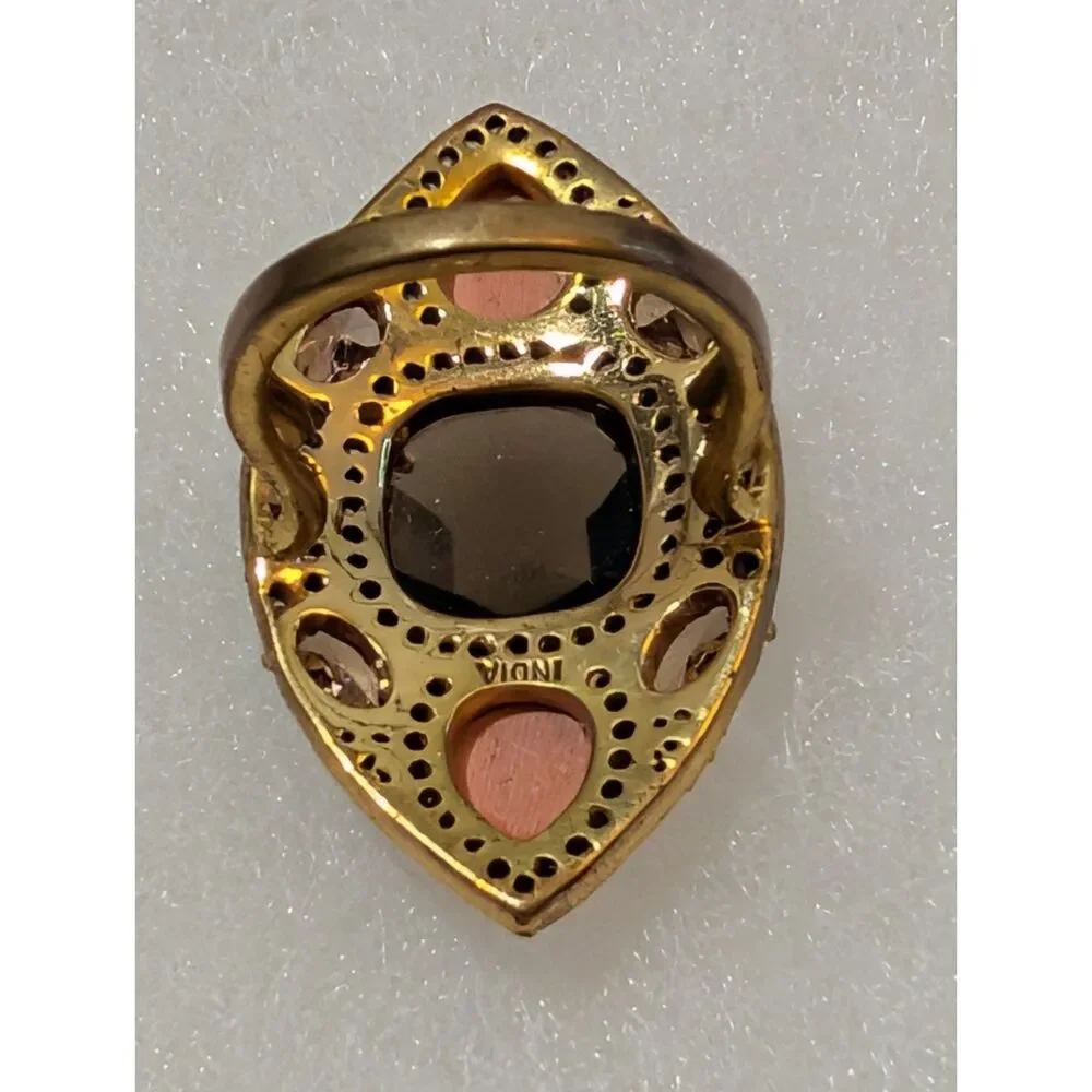 Ornate Indian Mughal Style Smoky Quartz & Coral Statement Cocktail Ring – Size 7
